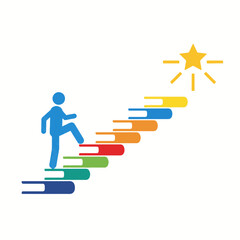 2D flat vector illustration of a person climbing stairs made of books toward a shining star, symbolizing dreams achieved through learning.