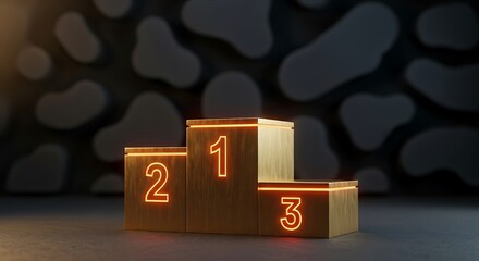 Wooden winners podium with glowing orange neon numbers 1, 2, and 3, illuminated in a dark room
