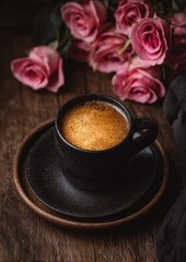 Obraz premium A rich espresso, adorned with a delicate crema, sits on a dark wooden table amongst a cluster of delicate pink roses, creating a tranquil and inviting scene.