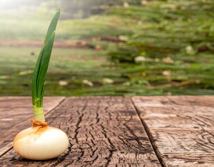 Sprouting onion on weathered wood