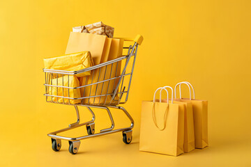 Shopping Cart Laden with Bags: A vibrant display of shopping bags spills from a sunny yellow shopping cart, emphasizing the joy of retail therapy and the thrill of purchases.
