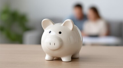 Cute white piggy bank on wooden surface with blurred couple discussing finances in background, representing savings and budgeting in modern lifestyle