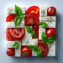 Square arrangement of feta, tomatoes, and basil