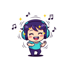 Flat 2D vector illustration, gilpy-style character anime 1980s inspired, tiny body with oversized headphones, head bobbing rhythmically, sparkling closed eyes with happy blush, musical notes floating 