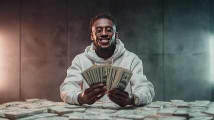 Black African man holding a stack of cash money bills smiling - Powered by Adobe