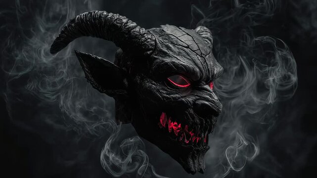 A terrifying demonic mask with fearsome horns and splintered details, glowing with hellish red light in the dark