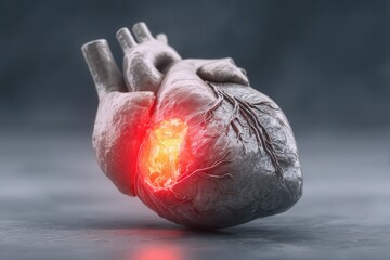 3D render of human heart with blocked coronary artery highlighted in red damage zone realistic anatomy on dark gradient background.