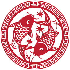 Vector Illustration of Double Koi Fish in Classic Chinese Papercut Style with Circle Pattern and Geometric Border, Cultural Symbol of Good Fortune, Success, Marriage, Balance and Festival Decoration