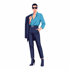 Flat 2D vector illustration, fashion model standing with jacket draped over shoulder, hand in pocket, strong confident gaze.