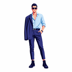 Fototapeta premium Flat 2D vector illustration, fashion model standing with jacket draped over shoulder, hand in pocket, strong confident gaze.