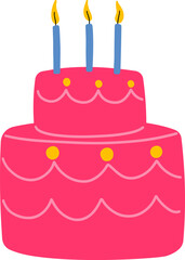 A cartoonstyle pink twotiered birthday cake with three blue candles