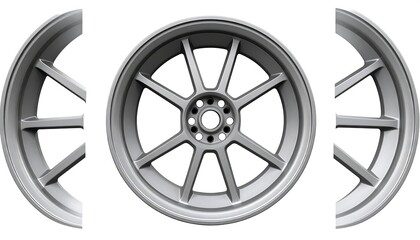 Fototapeta premium Three views of a metallic gray alloy wheel