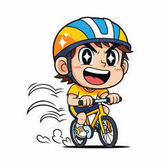 Flat 2D vector illustration, gilpy-style character anime 1980s inspired, big head, wide smile, sparkling determined eyes, pedaling small bicycle with tiny legs.