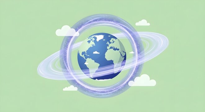 Earth Surrounded by Rings and Clouds: Abstract Illustration on Green Background