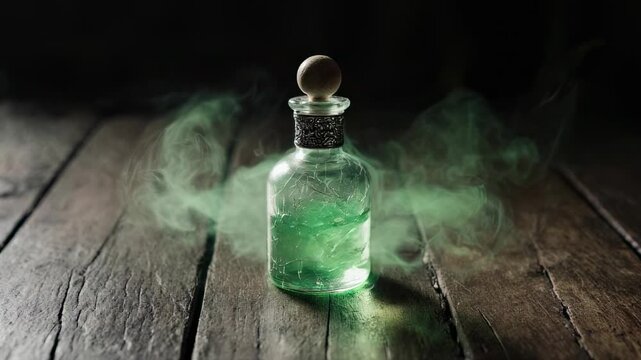 Enchanting green potion in a vintage bottle, emitting mysterious smoke on a dark wooden table, creating an aura of magic and intrigue