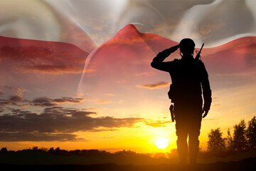 Silhouette of a saluting soldier against the sunset with Polish flag