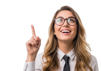 Smiling businesswoman with glasses pointing upward - stock photo of professional woman isolated on transparent background