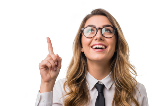 Smiling businesswoman with glasses pointing upward - stock photo of professional woman isolated on transparent background