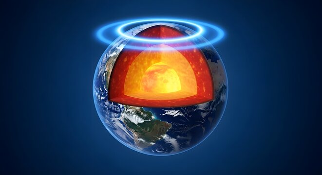 Earth's Core: Detailed Cross-Section with Glowing Rings on Deep Blue Background