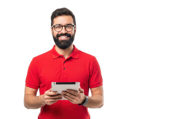 Man with beard and glasses using tablet, wearing red polo shirt, digital device, technology, isolated on transparent background