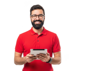 Man with beard and glasses using tablet, wearing red polo shirt, digital device, technology, isolated on transparent background