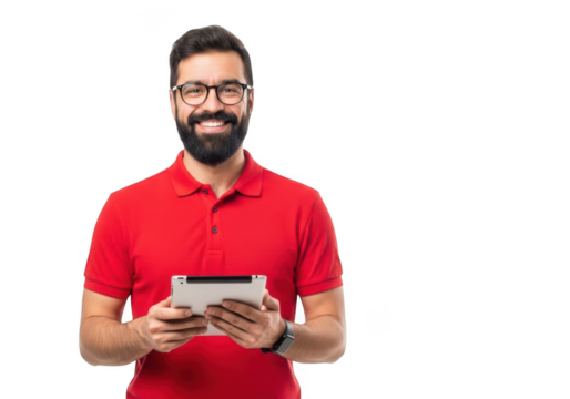 Man with beard and glasses using tablet, wearing red polo shirt, digital device, technology, isolated on transparent background