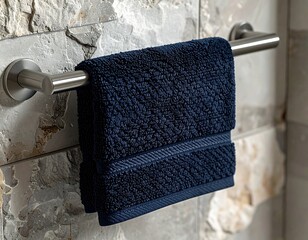 "Close-up shot of a dark navy hand towel with textured weave hanging on a brushed steel towel bar. Minimalist bathroom design with stone background, HD clarity, 1:1 ratio."