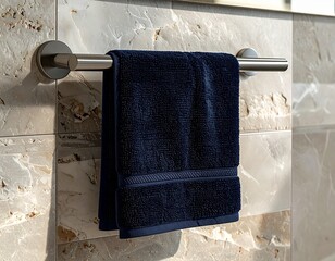 "Close-up shot of a dark navy hand towel with textured weave hanging on a brushed steel towel bar. Minimalist bathroom design with stone background, HD clarity, 1:1 ratio."