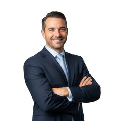 Confident, smiling businessman in a sharp navy suit with arms crossed, radiating professional success and leadership for modern corporate branding and marketing campaigns.
