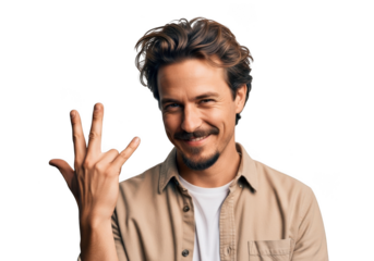Smiling man showing three fingers gesture portrait stock photo, model posing and gesturing isolated on transparent background
