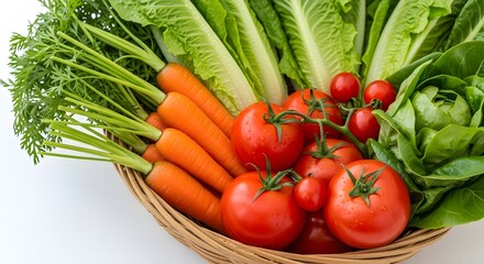 Fresh Produce Bounty in a Woven Basket - Close-up of Carrots, Tomatoes, and Lettuce