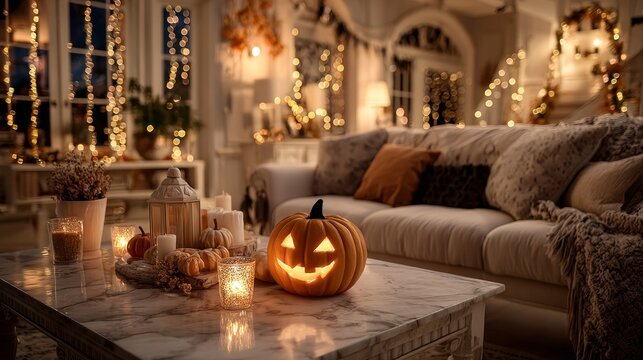 Front view of Halloween celebration in a warmly lit room with white marble table decorated with Halloween ornaments, sofa in the background, colored lights on the wall, cozy festive interior design - Powered by Adobe