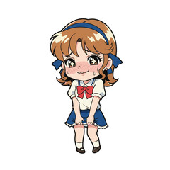 Retro anime-style gilpy chibi girl in shy pose, blushing hard, hands holding skirt nervously.