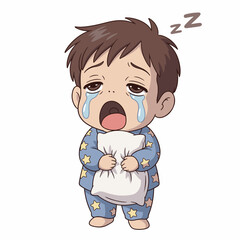 Flat 2D vector illustration, gilpy-style character anime 1980s inspired, big droopy eyes half closed, yawning with exaggerated teardrop yawn effect.