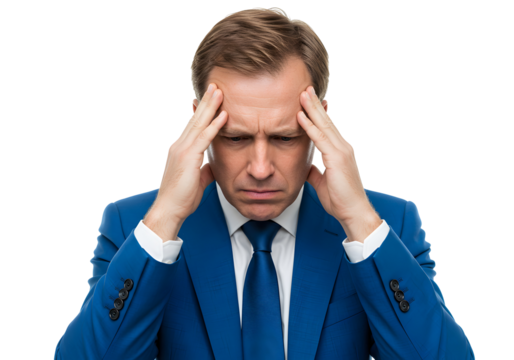 A stressed businessman in a blue suit holds his head in his hands with his eyes closed, symbolizing a headache or intense pressure - Powered by Adobe
