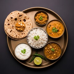 Overhead shot of indian thali with roti rice dal yogurt and lime on a round metal plate food photography