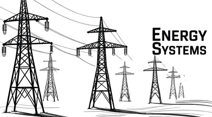 Electric Power Transmission Towers Silhouette, High Voltage Grid Infrastructure, Energy Systems Vector Illustration for Industrial Design, Engineering, and Renewable Energy Concepts