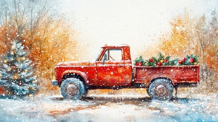 Red Truck with Christmas Tree in Snowy Winter Landscape