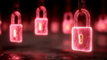 Red Glowing Padlocks Hanging, Cybersecurity Concept