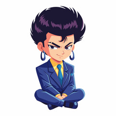 flat vector 2D — Retro anime-style chibi girl sitting gracefully on an invisible chair like a model in editorial photoshoot