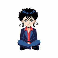 flat vector 2D — Retro anime-style chibi girl sitting gracefully on an invisible chair like a model in editorial photoshoot