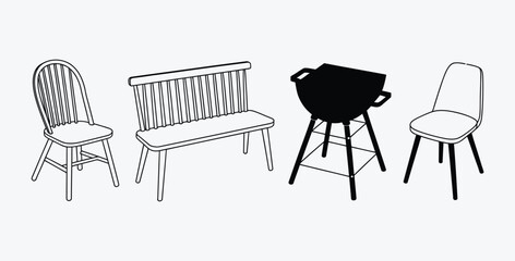 Line art illustration of outdoor furniture set with grill included