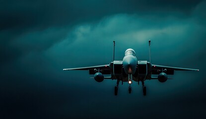 Fighter jet taking off in dark, stormy sky