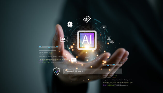 Artificial intelligence with command prompt interface and futuristic UI. Hand holding AI technology, software development, machine learning, automation, programming and digital transformation.