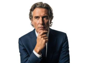Thoughtful businessman in suit portrait png image for design projects and marketing materials isolated on transparent background