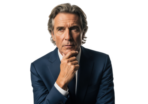 Thoughtful businessman in suit portrait png image for design projects and marketing materials isolated on transparent background