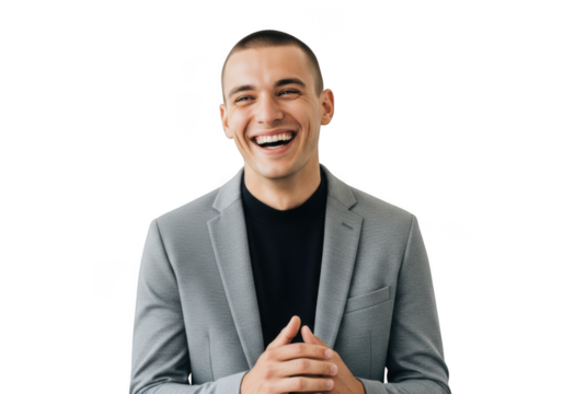 Smiling businessman in gray suit with hands clasped, happy expression, professional headshot, png image for design projects isolated on transparent background