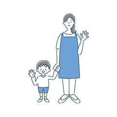 驚く女性保育士と男の子の園児のシンプルな線画イラスト素材