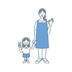 オッケーサインをしている笑顔の女性保育士と女の子の園児のシンプルな線画イラスト素材