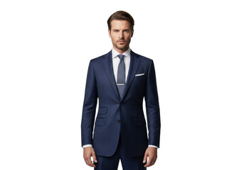 Professional businessman in navy blue suit and tie portrait - stock photo of elegant man in formal wear isolated on transparent background